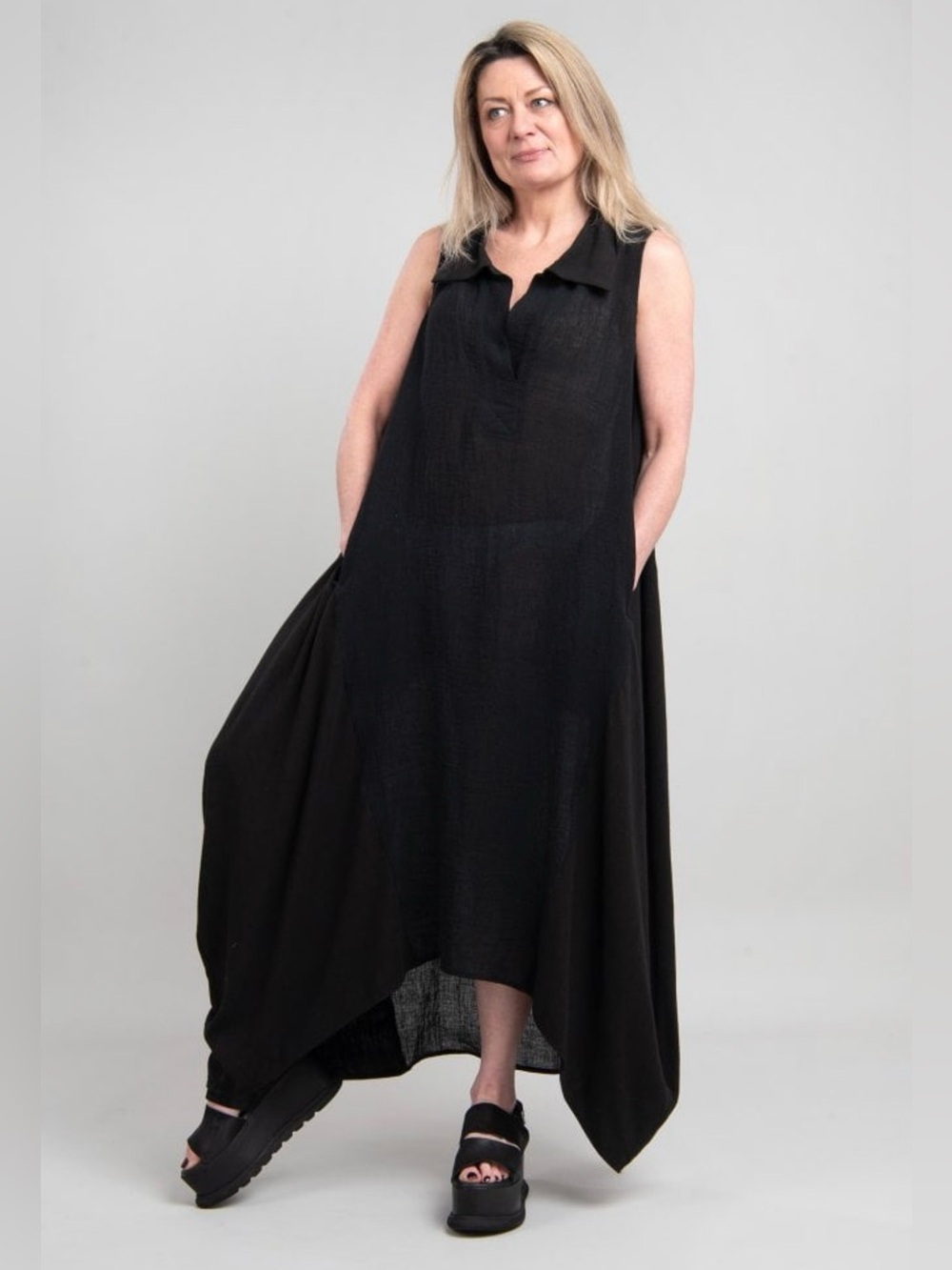 Igor Dobranic The Evergreen Dress Black XL Lagenlook Maxi Length Linen-Blend